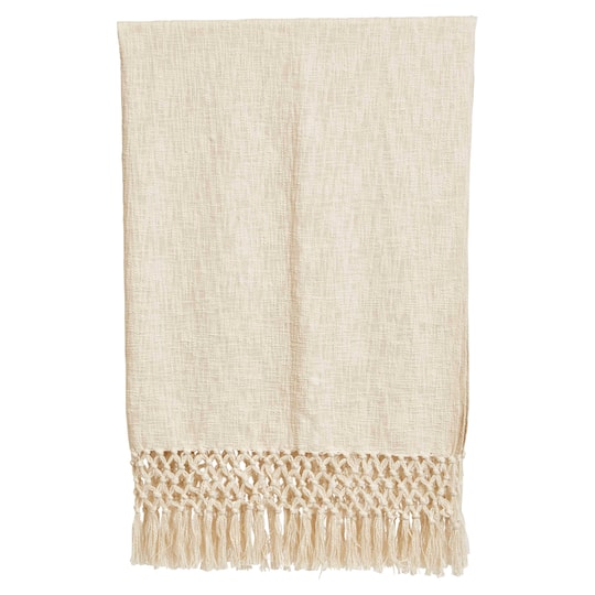 Cream Woven Cotton Throw Blanket with Crochet &#x26; Fringe